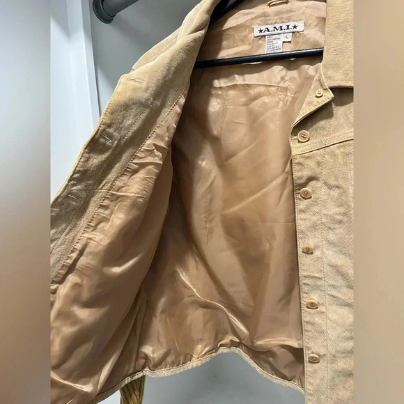 Vintage A.M.I. Women’s lined Tan Leather Suede Jacket Knit Sleeves size large - Picture 6 of 7